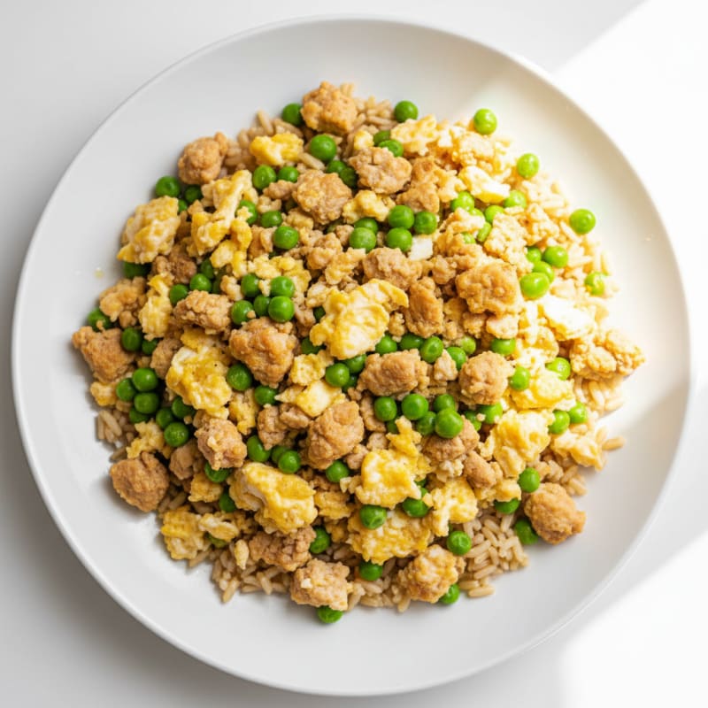 Ground Turkey Egg Scramble with Peas and Brown Rice