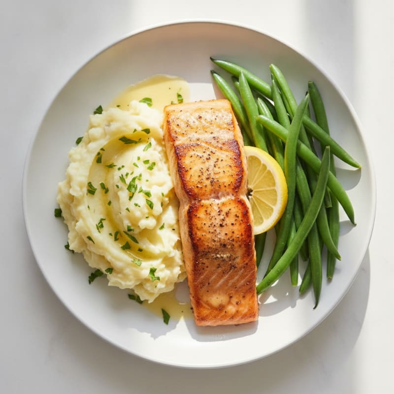Seared Salmon with Steamed Green Beans and Garlic Mashed Potatoes