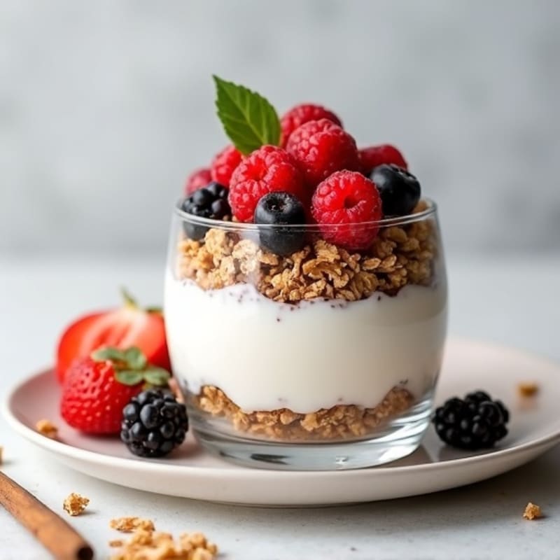 Vanilla Greek Yogurt Parfait with Protein Granola and Mixed Berries