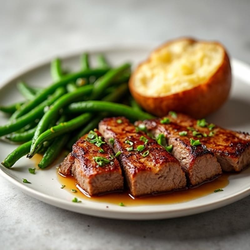Seared Steak Strips with Garlic Green Beans and Baked Potato