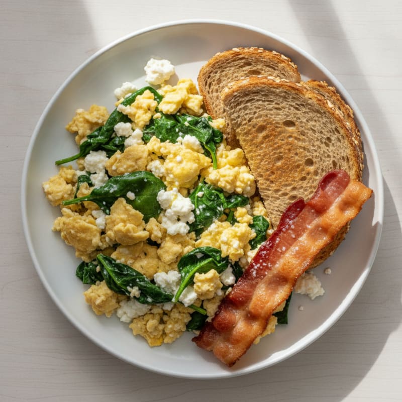 Cottage Cheese Scramble with Spinach and Turkey Bacon