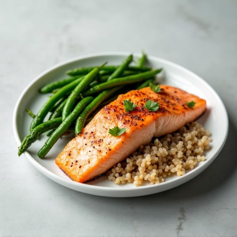 Seared Salmon Filet with Steamed Green Beans and Brown Rice