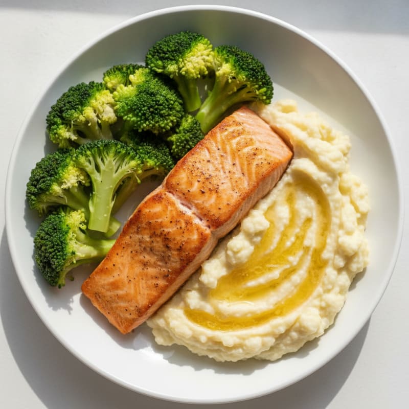 Seared Salmon with Steamed Broccoli and Garlic Mashed Cauliflower