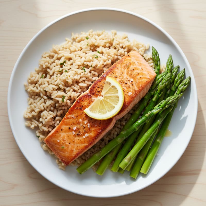 Seared Salmon Fillet with Steamed Asparagus and Brown Rice