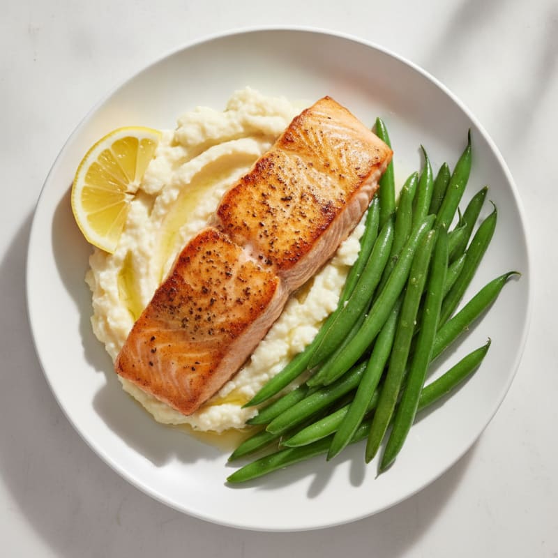 Seared Salmon with Steamed Green Beans and Garlic Cauliflower Mash