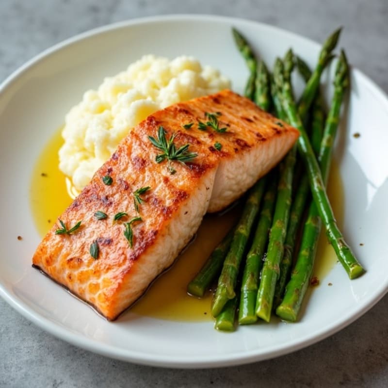 Seared Salmon with Steamed Asparagus and Cauliflower Mash