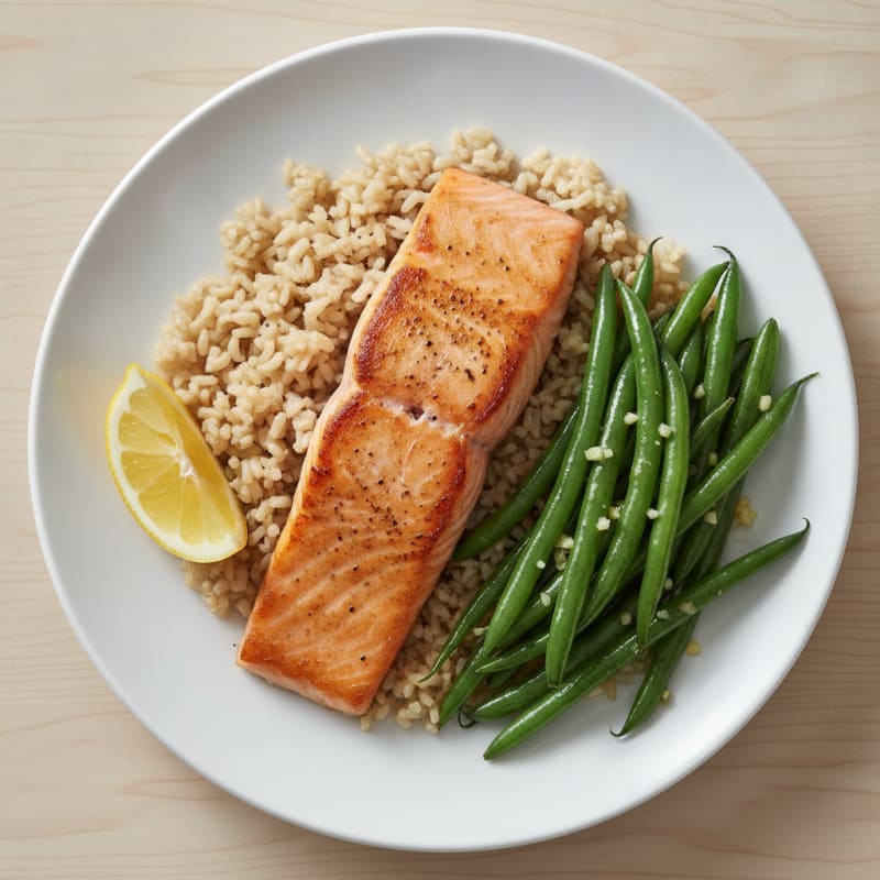 Seared Salmon with Garlic Green Beans and Brown Rice