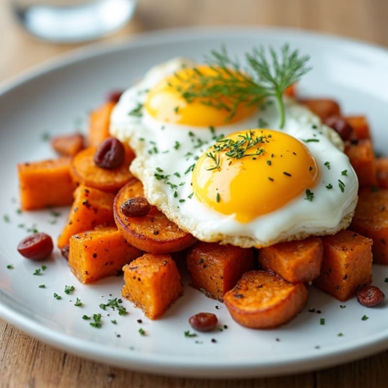 Poached Eggs with Crispy Sweet Potato Hash and Creamy Lemon-Dill Sauce