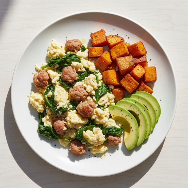 Egg White and Spinach Scramble with Turkey Sausage