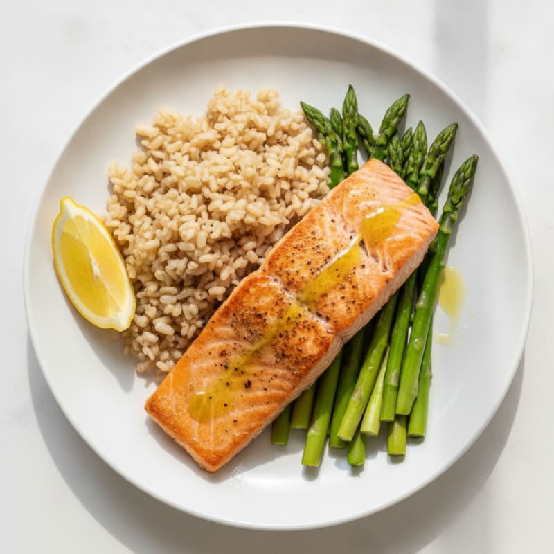 Seared Salmon Fillet with Steamed Asparagus and Brown Rice