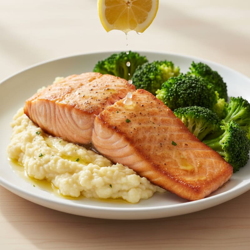 Seared Salmon with Steamed Broccoli and Garlic Cauliflower Mash