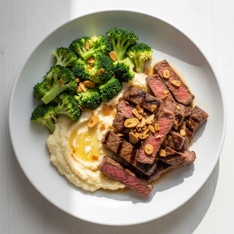 Seared Lean Beef Strips with Steamed Broccoli and Cauliflower Mash