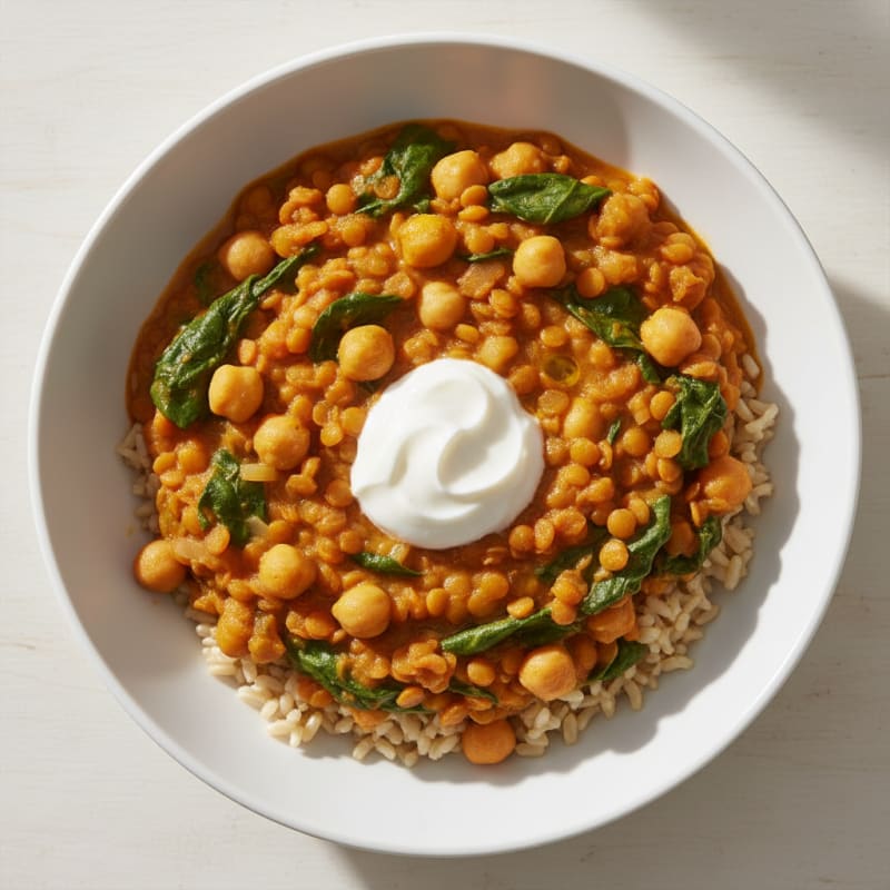 Creamy Lentil and Chickpea Stew with Spinach and Brown Rice