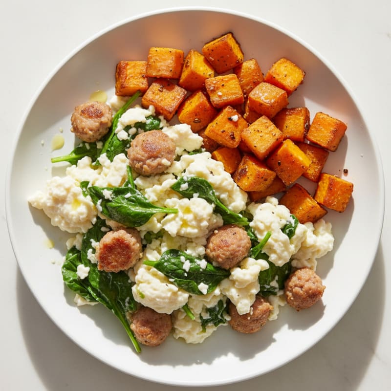 Egg White and Turkey Sausage Scramble with Spinach and Roasted Sweet Potato