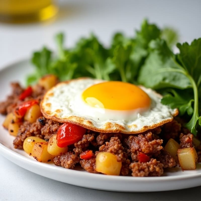 Crispy Chicken and Beef Hash with Fried Eggs and Fresh Greens
