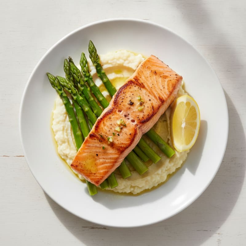 Seared Salmon Fillet with Steamed Asparagus and Cauliflower Mash