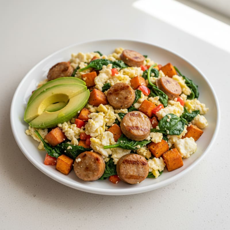 Egg White and Turkey Sausage Scramble with Spinach and Roasted Sweet Potatoes