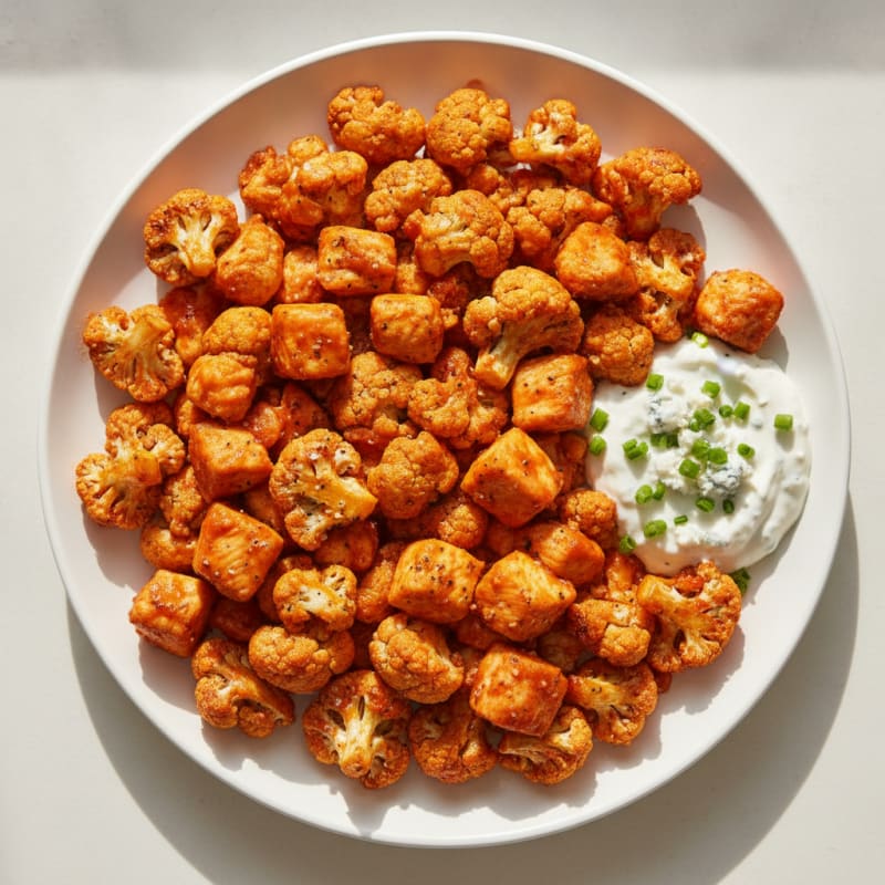 Buffalo Cauliflower and Chicken Bites with Blue Cheese Dip
