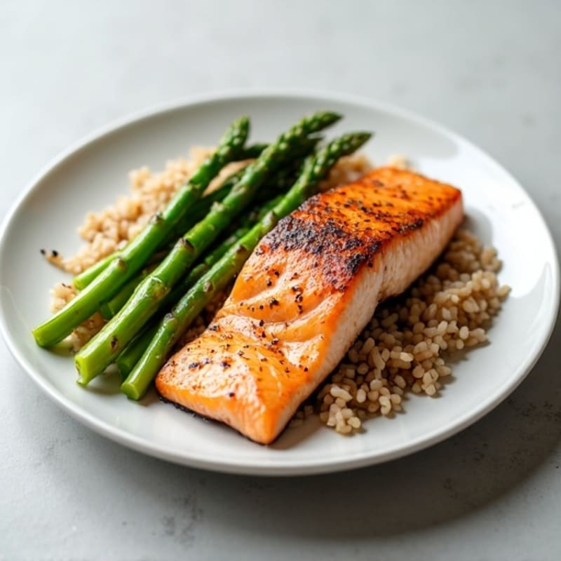 Seared Salmon with Steamed Asparagus and Brown Rice
