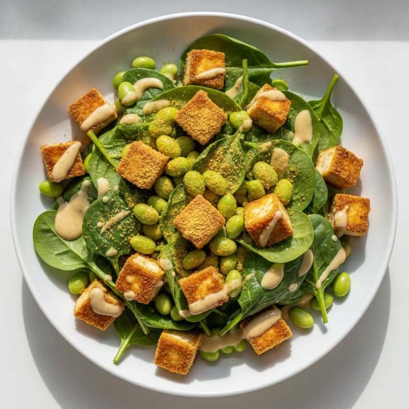 Crispy Tofu and Edamame Power Salad with Lemon Tahini Dressing