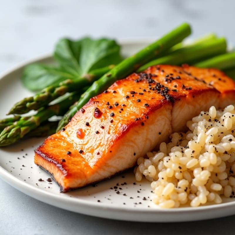 Seared Salmon with Steamed Asparagus and Brown Rice