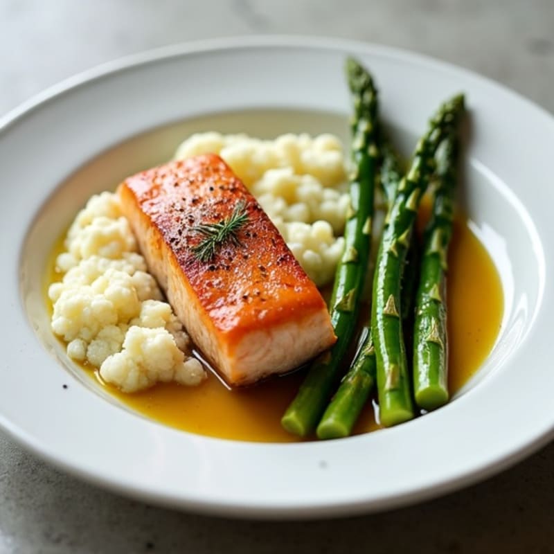 Seared Salmon with Steamed Asparagus and Cauliflower Mash