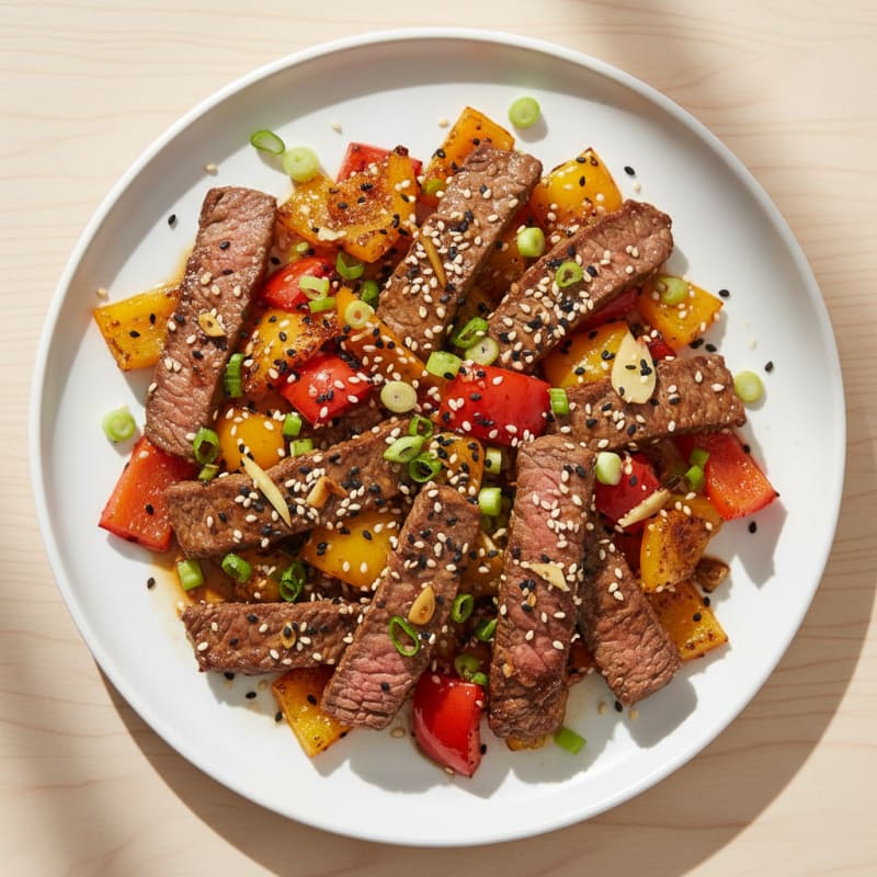 Tender Sesame Beef and Crispy Bell Peppers