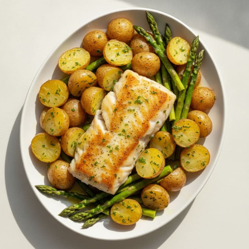 Lemon-Herb Baked Cod with Asparagus and Potatoes