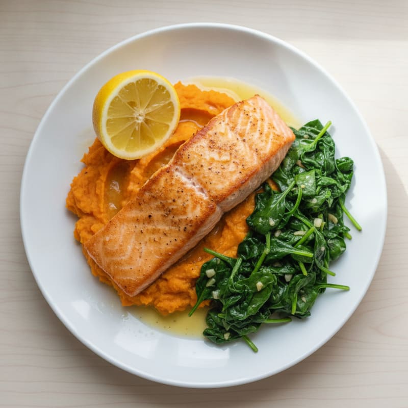 Seared Salmon with Garlic Spinach and Sweet Potato Mash