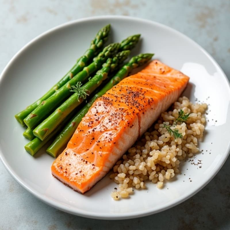 Seared Salmon with Steamed Asparagus and Brown Rice
