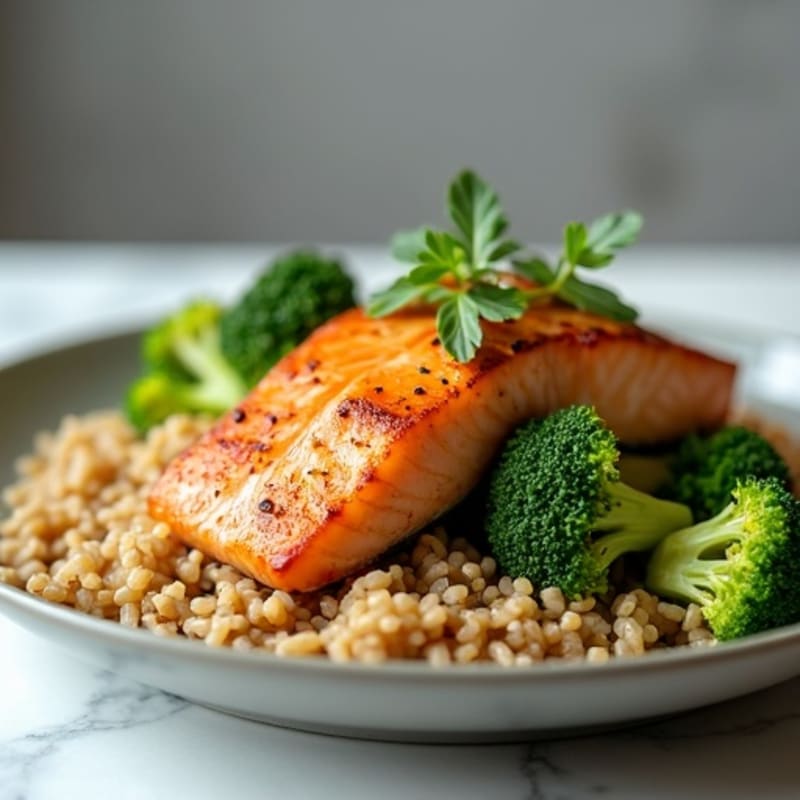 Seared Salmon with Steamed Broccoli and Brown Rice