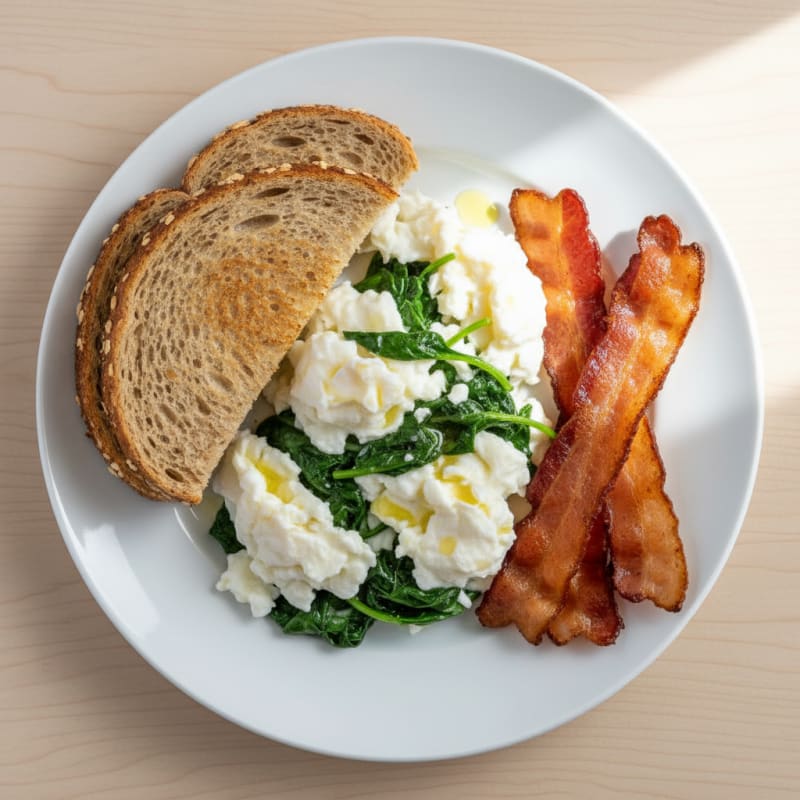 Scrambled Egg Whites with Sautéed Spinach and Turkey Bacon