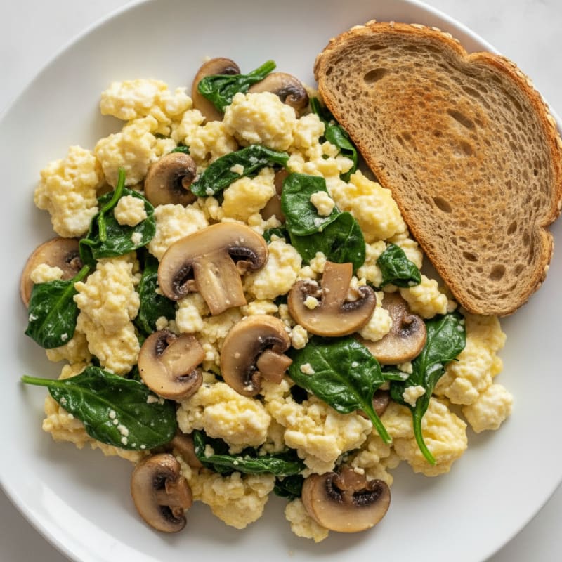 Cottage Cheese Scramble with Spinach and Sautéed Mushrooms