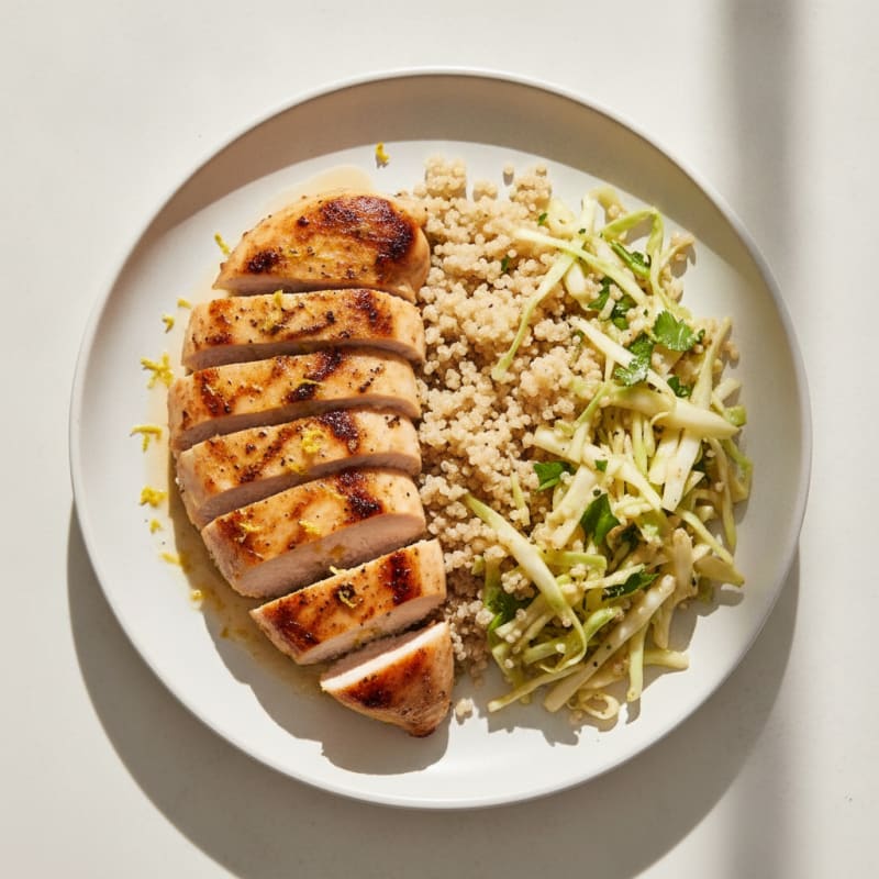 Grilled Chicken Breast with Crunchy Cabbage Slaw and Quinoa