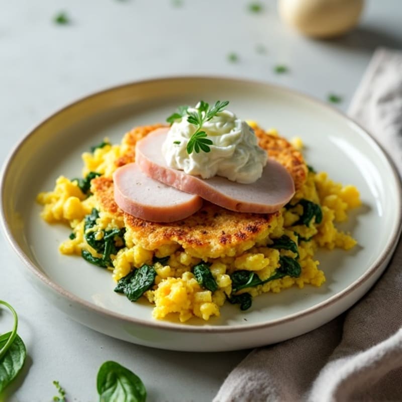 Egg White and Spinach Scramble with Cottage Cheese and Sliced Turkey