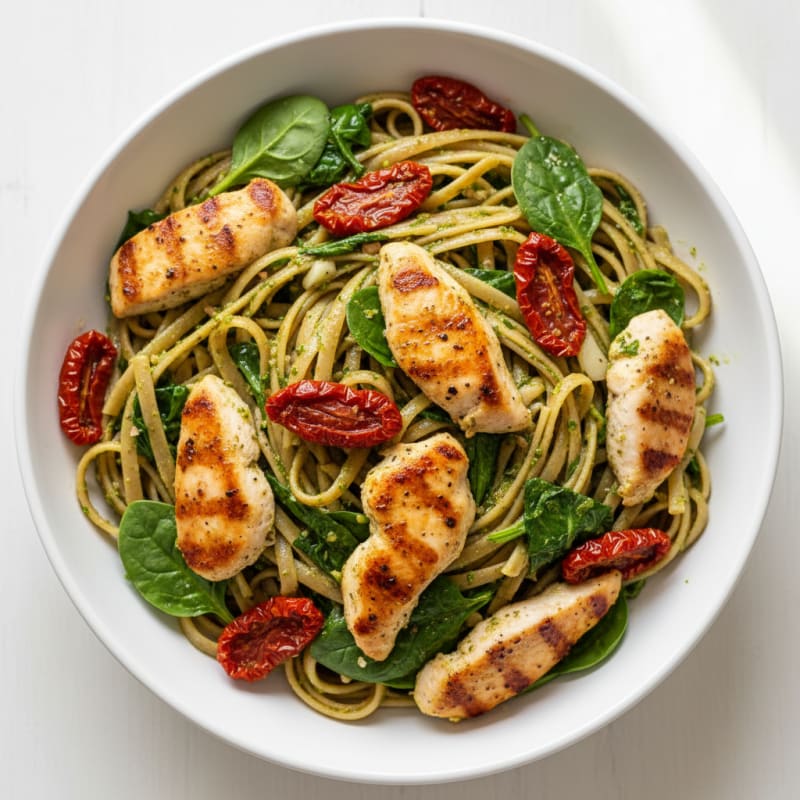 Pesto Chicken Linguine with Sun-Dried Tomatoes