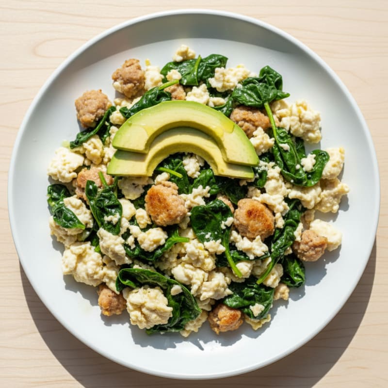 Egg White and Turkey Sausage Scramble with Sautéed Spinach