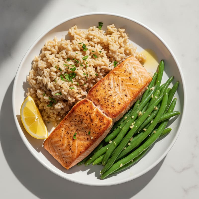 Seared Salmon with Garlic Green Beans and Brown Rice