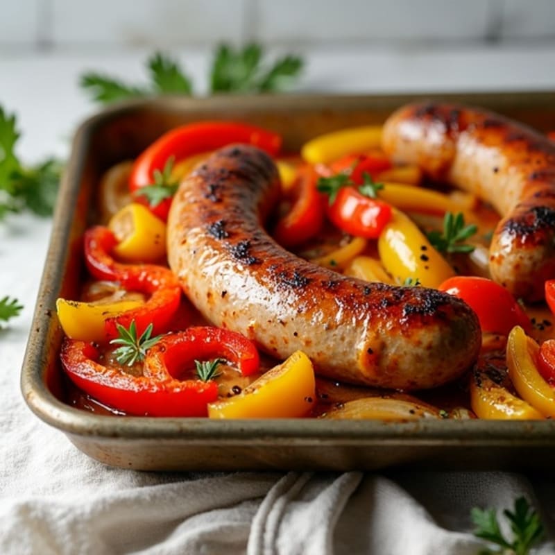 Crispy Sheet Pan Sausage with Roasted Bell Peppers and Onions