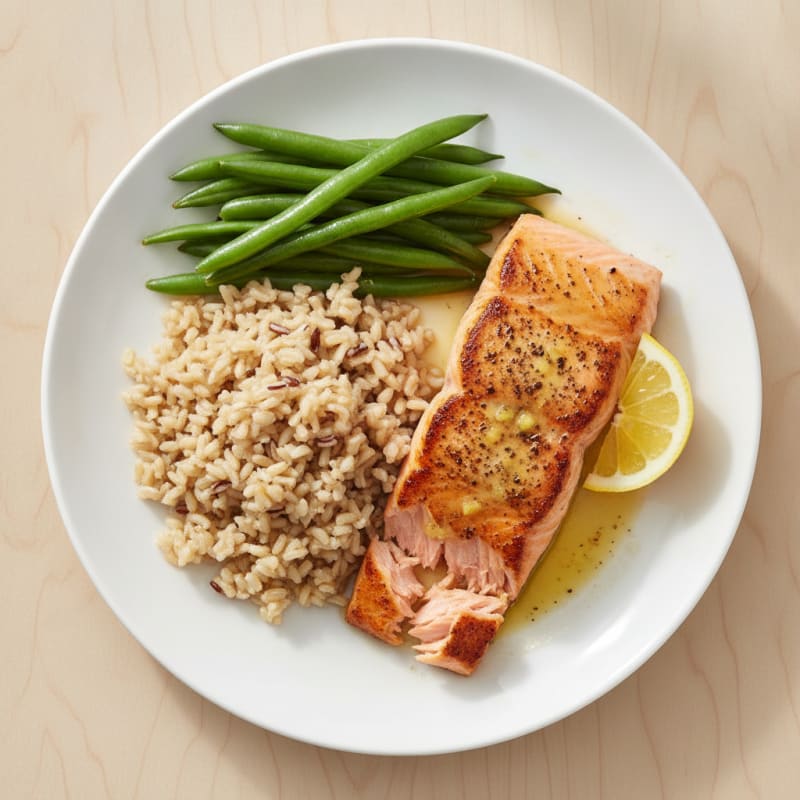Seared Salmon Fillet with Steamed Green Beans and Brown Rice
