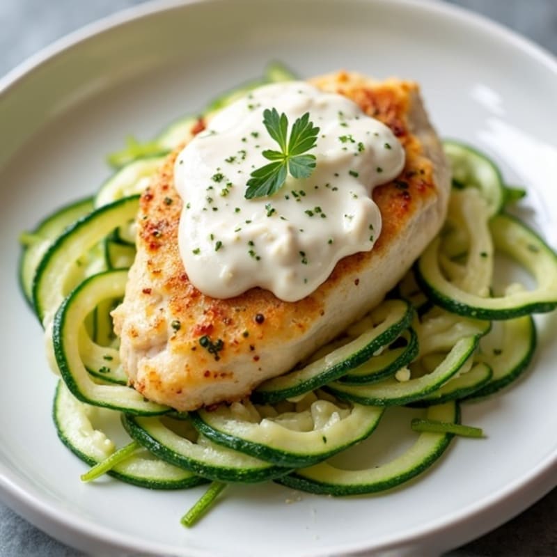 Creamy Cauliflower Alfredo Chicken with Zucchini Noodles