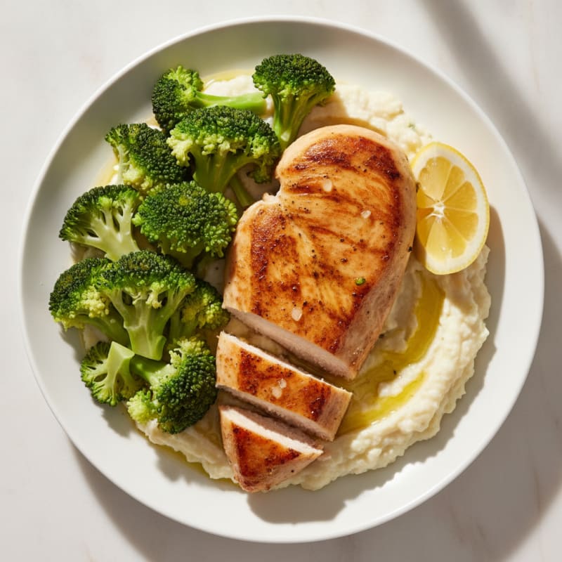 Seared Chicken Breast with Steamed Broccoli and Cauliflower Mash