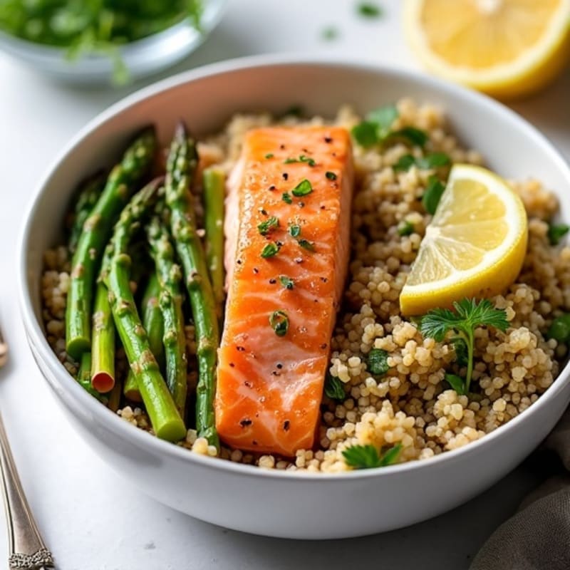 Lemon Herb Salmon and Roasted Asparagus Quinoa Bowl