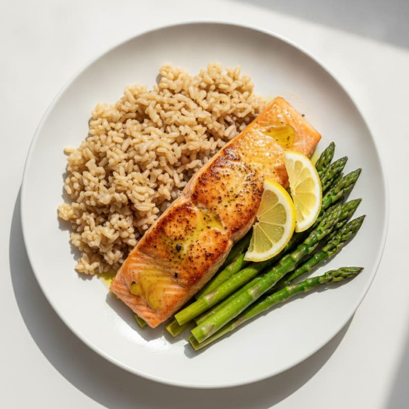 Seared Salmon Fillet with Steamed Asparagus and Brown Rice