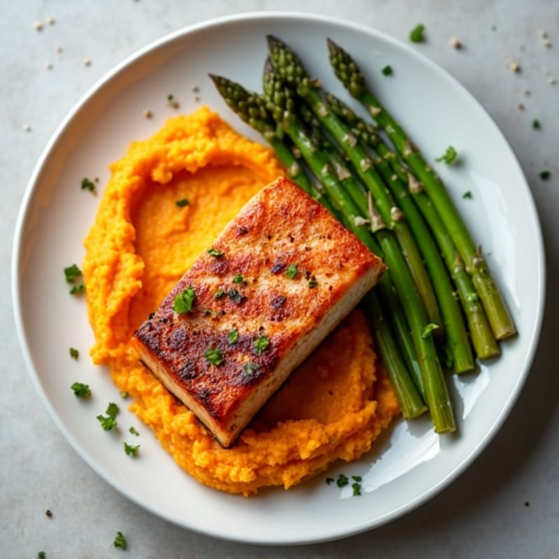 Seared Salmon with Roasted Asparagus and Sweet Potato Mash