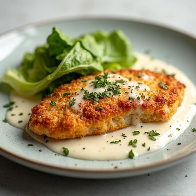 Crispy Pan-Seared Chicken with Creamy Caesar Dressing and Fresh Romaine