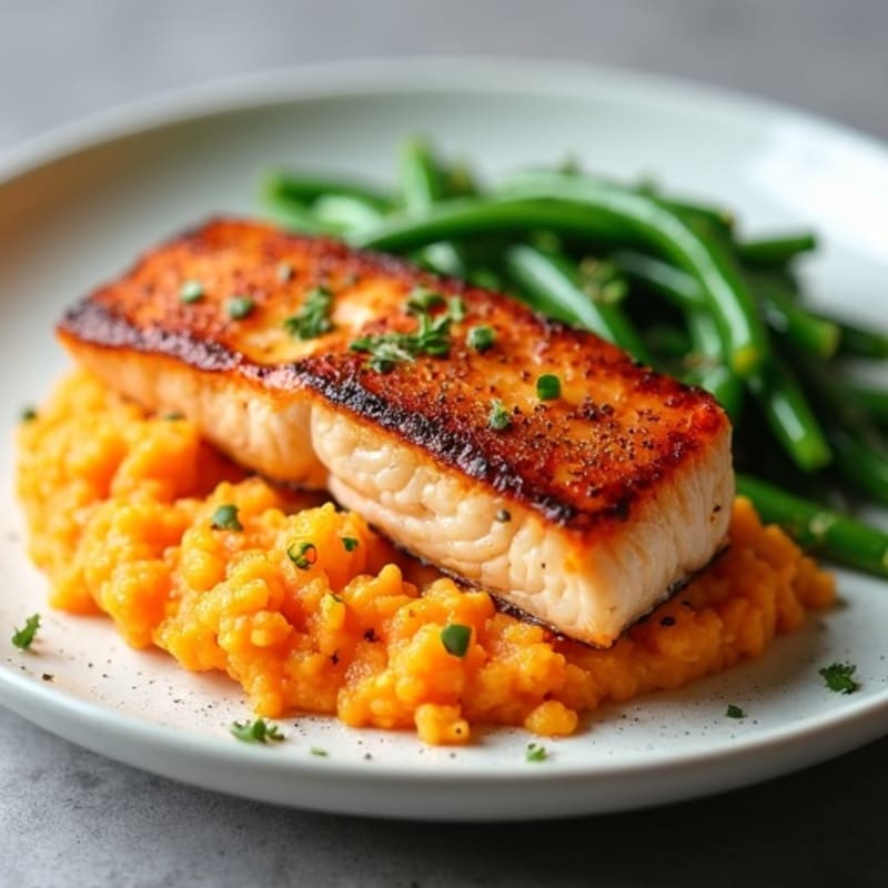 Seared Salmon with Garlic Green Beans and Sweet Potato Mash