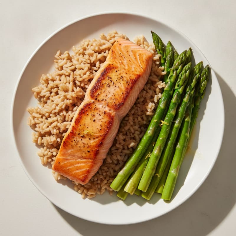 Seared Salmon with Steamed Asparagus and Brown Rice