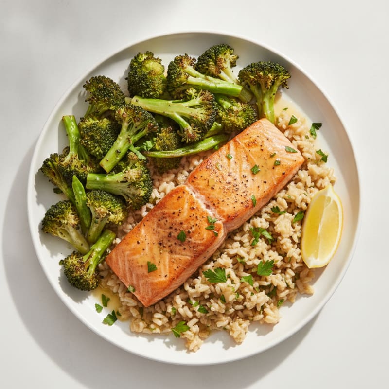 Seared Salmon Filet with Roasted Broccoli and Herb Brown Rice