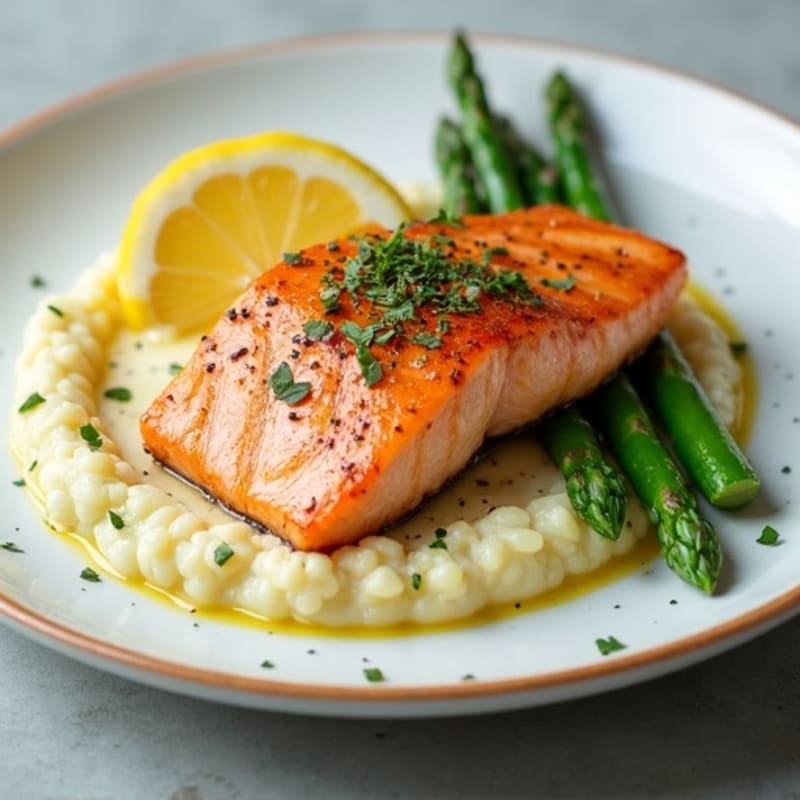 Seared Salmon with Steamed Asparagus and Garlic Cauliflower Mash